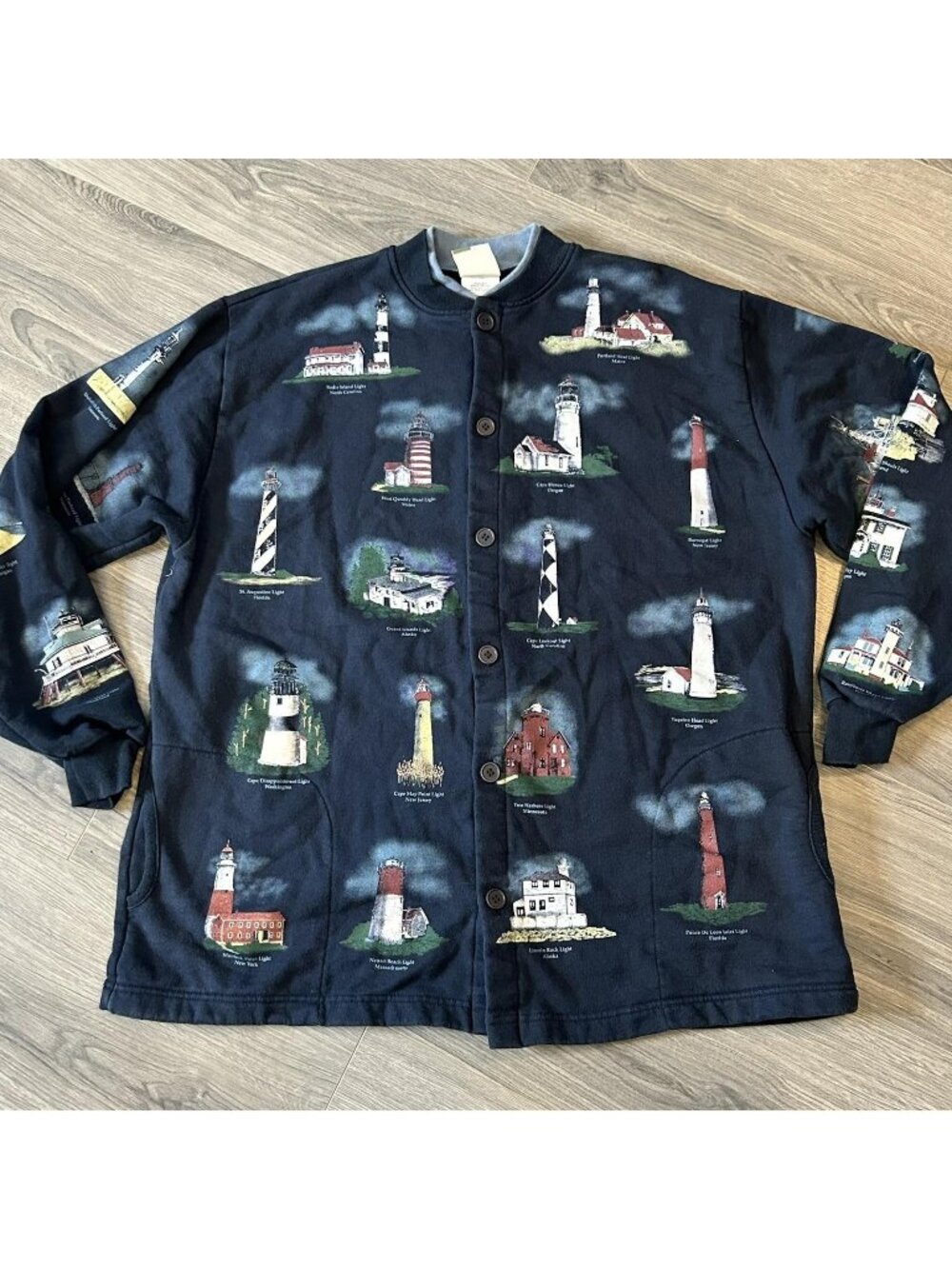 Vintage Art Unlimited Jacket Mens 2XL Blue Lighthouse Lights Fleece Cardigan USA